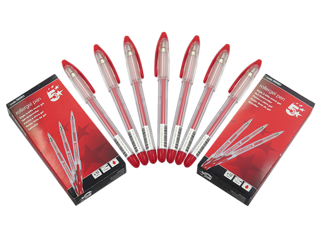 10 x Packs Of 12 Red Premium Rollergel Pens 5 Star Branded (396802)